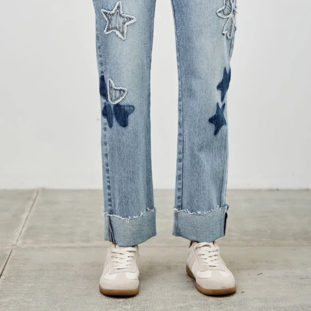 High Rise Star & Heart Patched Dad Jean W/stretch